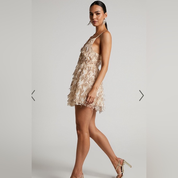 NWT KHRIZZA MINI DRESS SEQUIN GATHERED DRESS IN GOLD (Fearless Eras Tour Outfit) - Picture 3 of 5